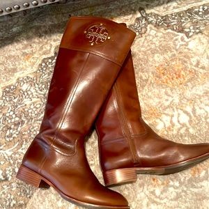 Tory Burch Tall Brown/ Gold Italian Leather Knee High Logo Riding Boots 8.5